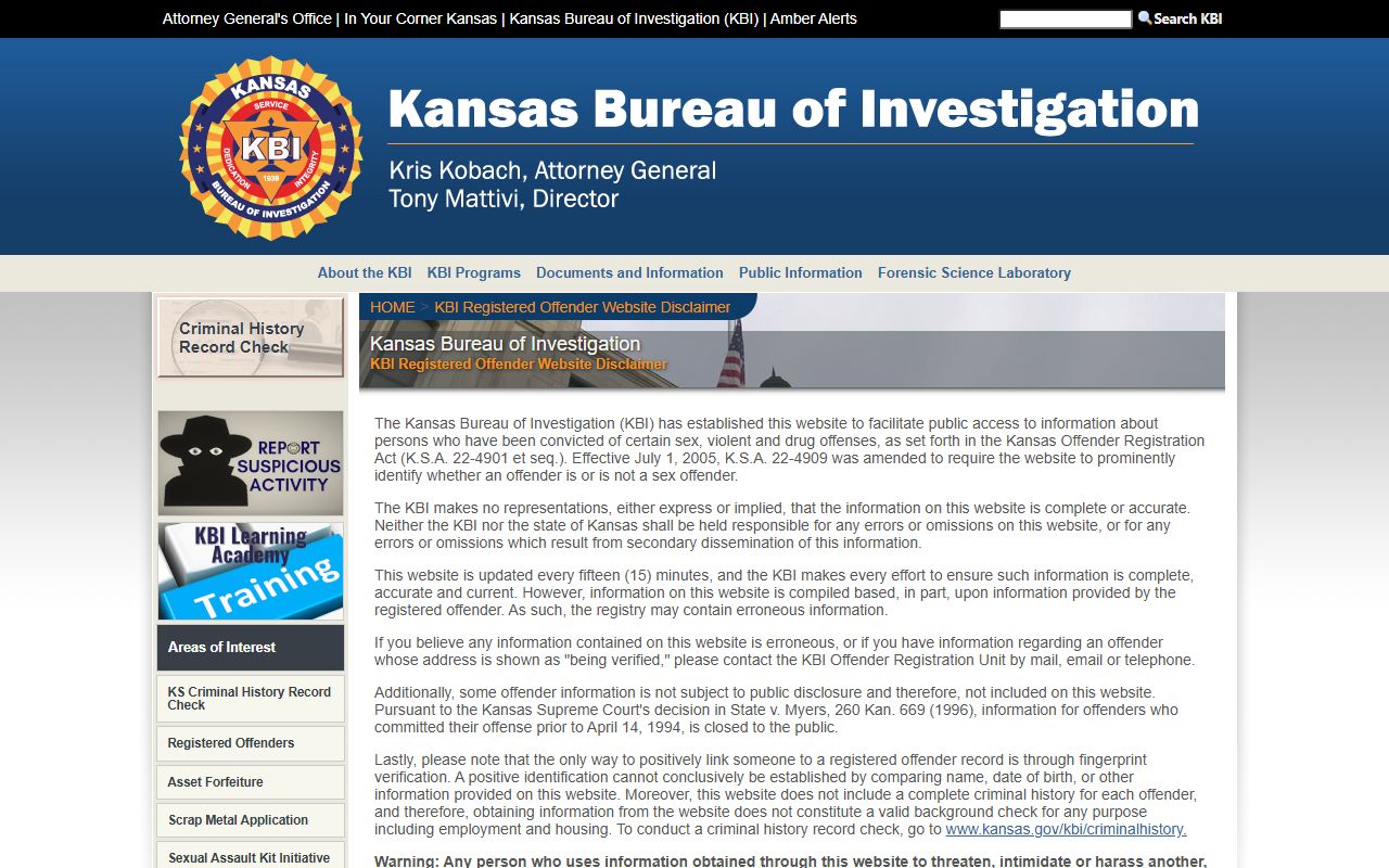 Morris County arrest records KBI registered offender registry
