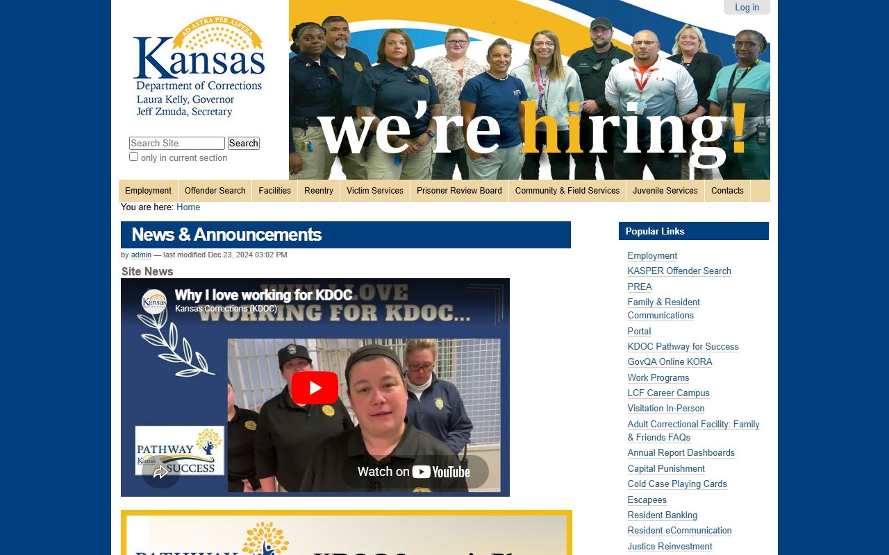Morris County inmate records Kansas Department of Corrections KASPER search source