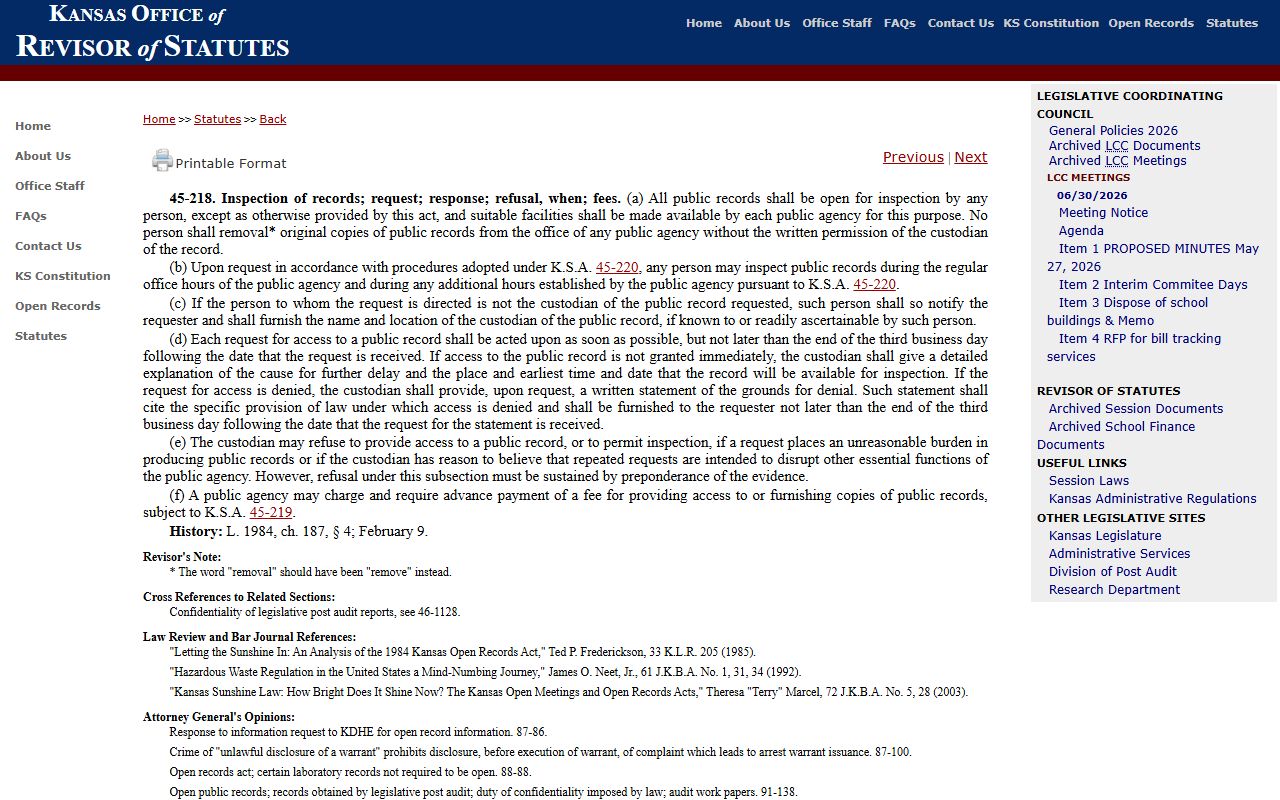 Morris County probate records Kansas inspection and fees statute